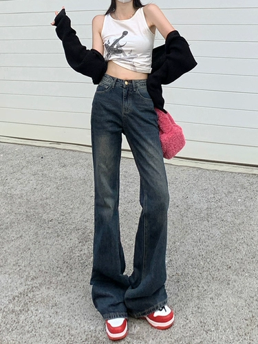 Tide, ретро осенние джинсы, штаны, штаны-клёш, в американском стиле, коллекция 2022, оверсайз, свободный крой, по фигуре