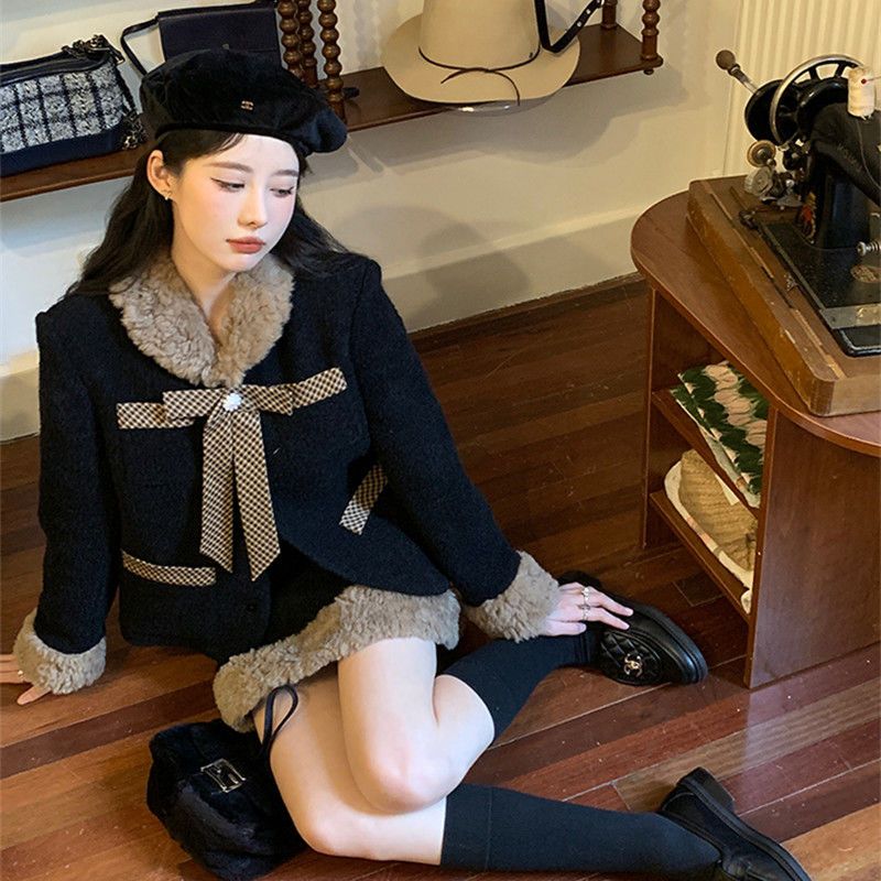 法式复古加棉毛领套装大衣2023年新款春秋季加厚小个子毛呢外套女