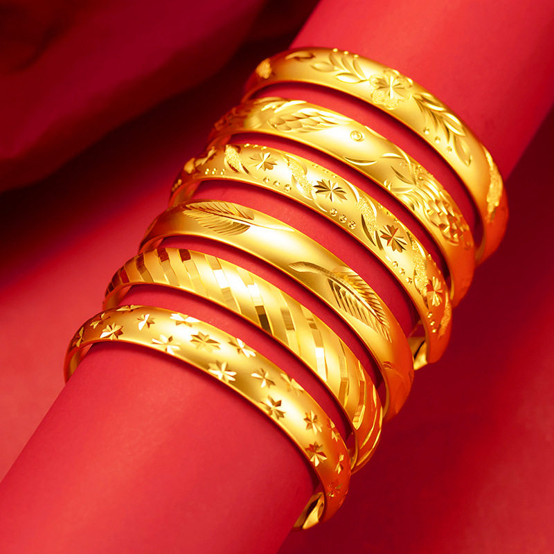 越南沙金梅花珍珠镍实心龙凤复古手镯女实心开口仿黄金镯子首饰