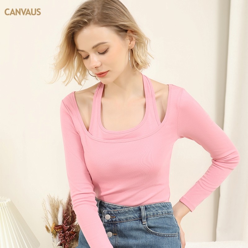 Outlets品牌折扣 CANVAUS秋装新款 挂脖假露肩港味ins假两件T恤女