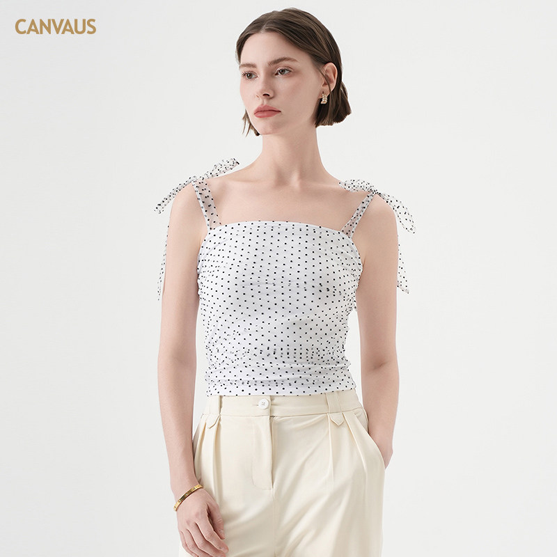 CANVAUS一字领绑带吊带背心女夏季短款性感甜辣露背压褶修身上衣