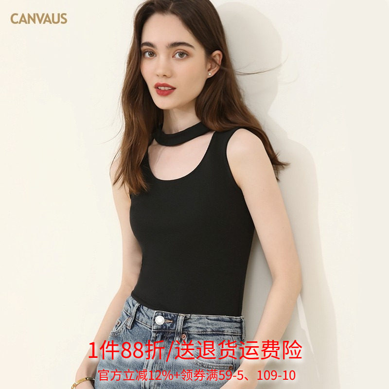 奥特莱斯品牌折扣 卡恩希夏装新款 小高领镂空紧身显瘦罗纹背心女
