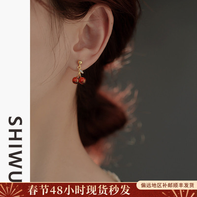 饰悟银饰红色石榴石樱桃耳环