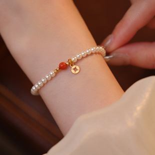 柿柿如意南红玛瑙珍珠手链女款小众设计手串本命年礼物开年好运气