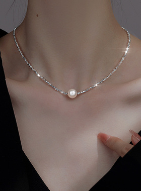 饰悟银饰单颗珍珠碎银子项链女