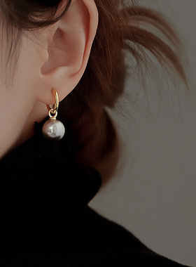 法式正品施家珍珠真多麻灰色大珍珠耳环女纯银轻奢气质高级感耳饰