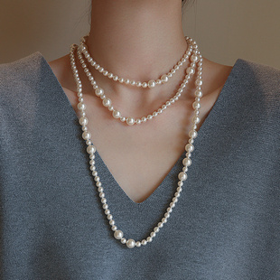 珍珠项链长款多层秋冬毛衣链女叠戴项链高级感轻奢法式小香风气质