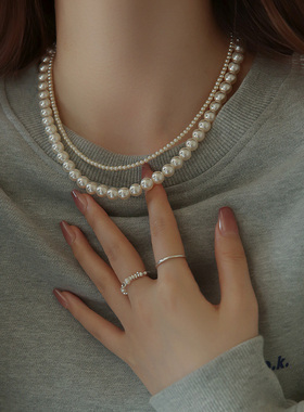 双层珍珠项链叠戴颈链女2025新款爆款毛衣链轻奢高级感秋冬锁骨链