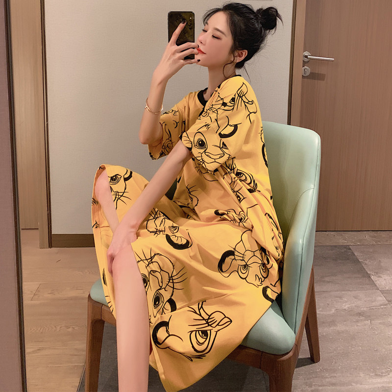 睡裙女夏季纯棉过膝长款脚踝宽松大码孕妇睡衣可爱薄款外穿家居服