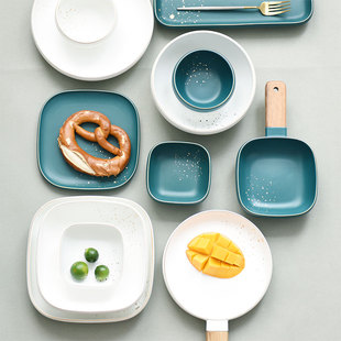 艾沃克 墨绿色金点碗盘家用方饭碗沙拉汤面碗陶瓷菜盘北欧牛排盘