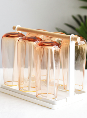 北欧少女心金边玻璃杯套装家用橙色6只茶水杯架沥水锤纹果汁杯子