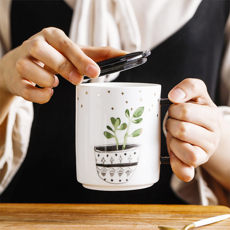 马克杯带盖陶瓷简约北欧植物盆栽创意茶杯小清新办公室咖啡杯子