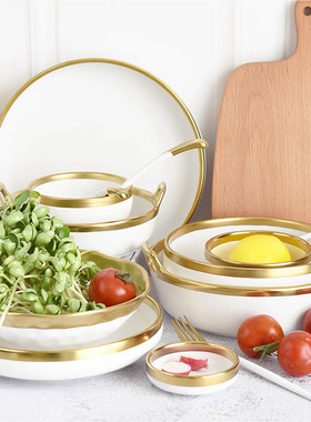 白色描金边陶瓷碗盘碟套装创意餐具沙拉饭碗菜盘子家用北欧深盘子