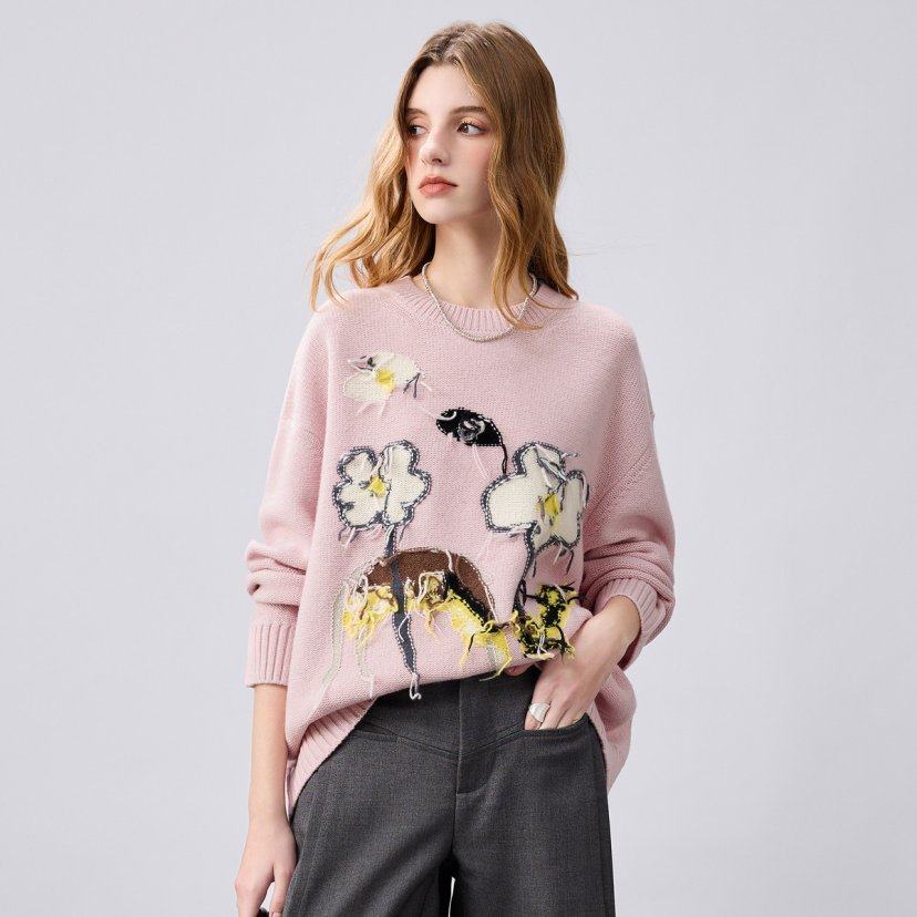 【100%纯羊毛】甜美少女风花卉刺绣针织衫女宽松纯羊毛衫显瘦百搭