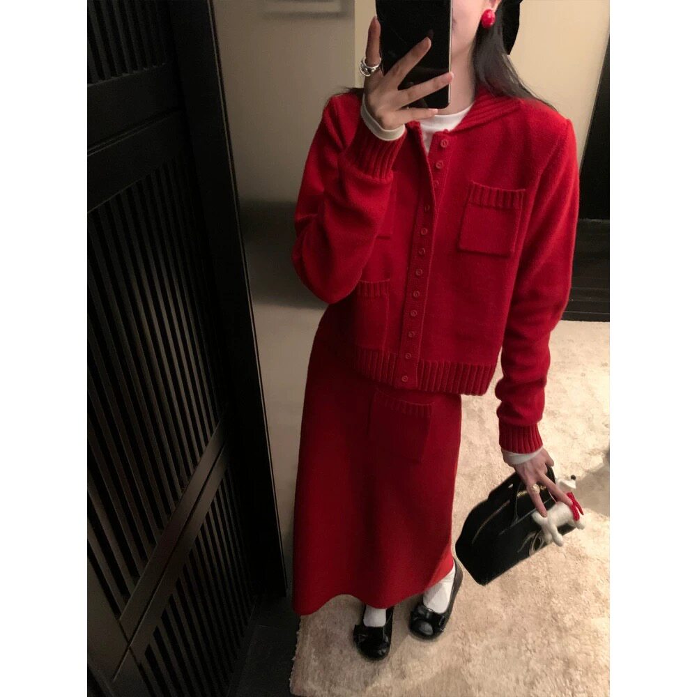 法式小众红色羊绒毛衣套装女秋冬优雅氛围感多口袋时尚套装
