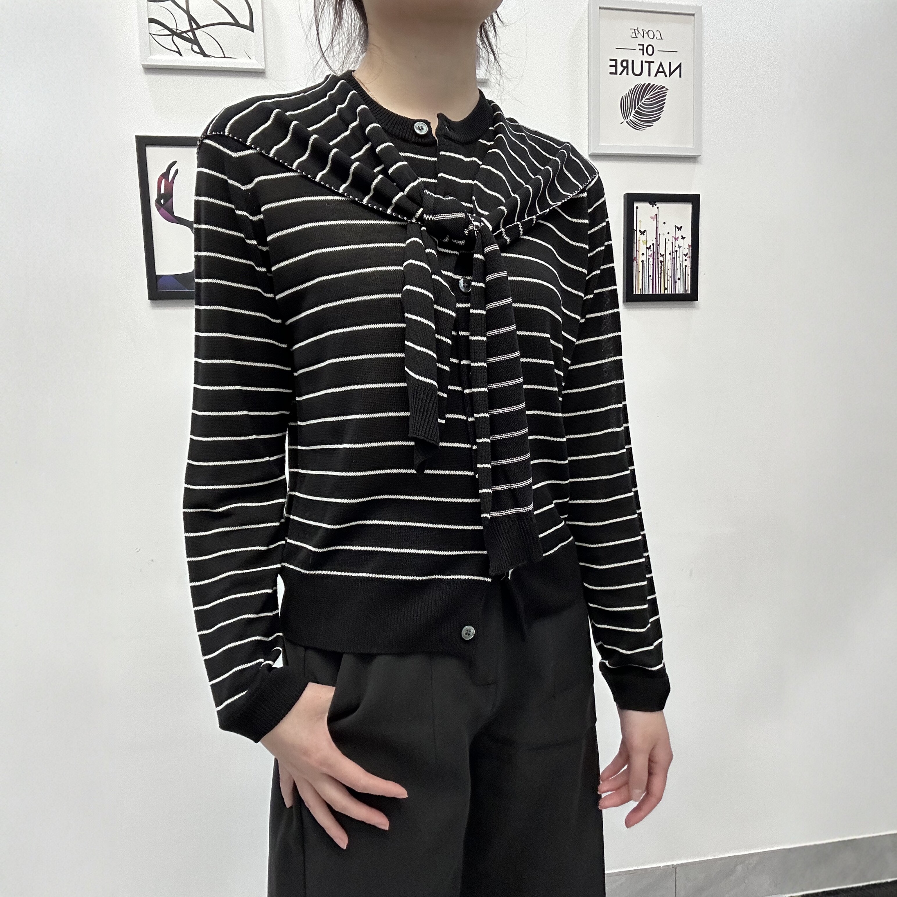 亚麻韩系条纹假两件针织开衫女