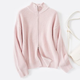 【100%纯羊毛】翻领加厚元宝针双拉链时尚羊毛开衫针织外套毛衣