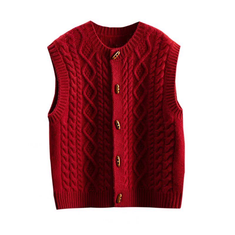 复古圆领绞花加厚羊绒针织马甲女红色牛角扣开衫坎肩通勤风背心