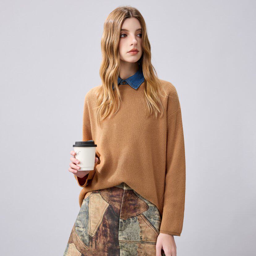 【100%绵羊毛】温柔风圆领针织衫女秋冬百搭宽松长袖毛衣质感上衣