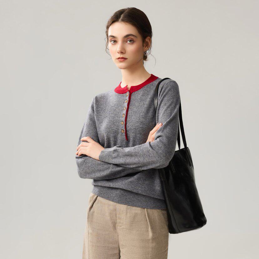 【100%绵羊毛】优雅风羊毛衫圆领拼色毛衣春秋女上衣针织打底衫