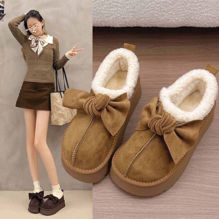 新款厚底加绒圆头乐福鞋女甜美蝴蝶结平底懒人鞋女保暖一脚蹬棉鞋,女鞋,深口单鞋,淘宝优惠券,粉丝福利购,淘宝优惠卷