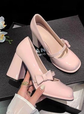 新款高跟粉色方头皮鞋粗跟浅口甜美蝴蝶结单鞋女鞋
