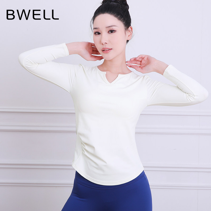 BWELL小V领褶皱带杯长袖T恤