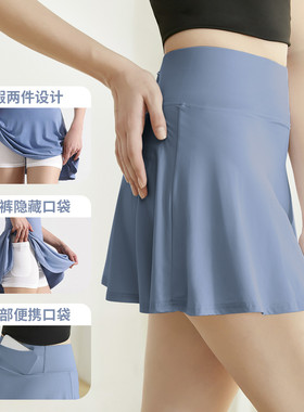 假两件高腰运动短裙女防走光健身瑜伽安全裙蓝色百褶裙BWY7436K