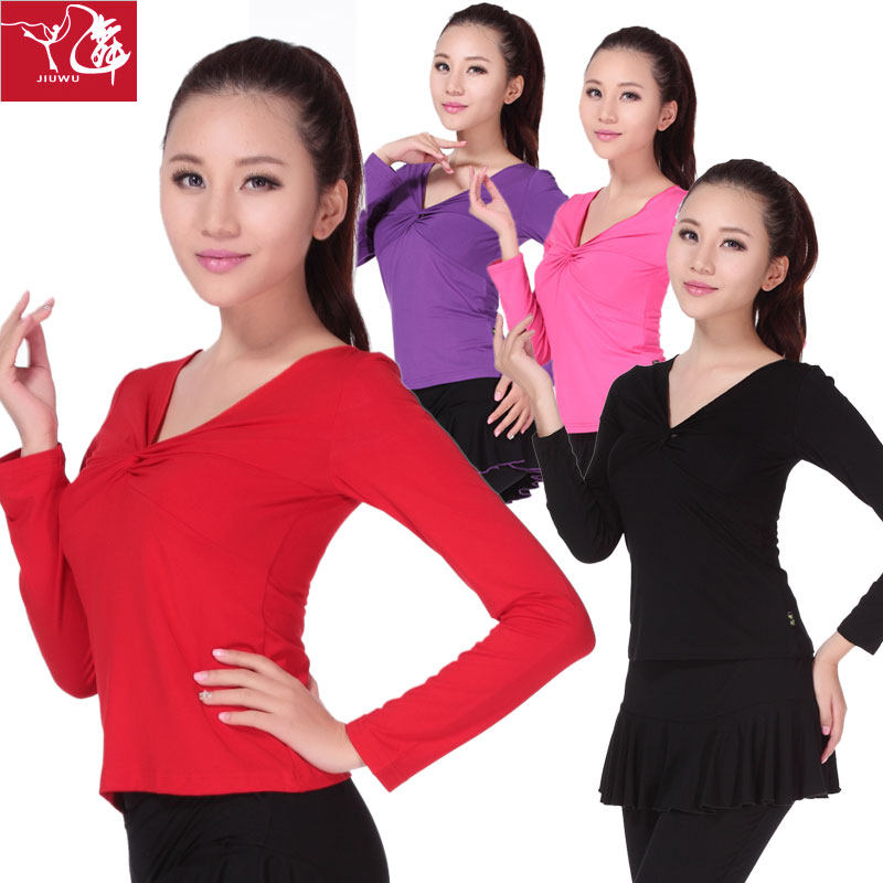 九舞新款春季广场舞服上衣 莫代尔长袖V领大码瑜伽健身修身练功服