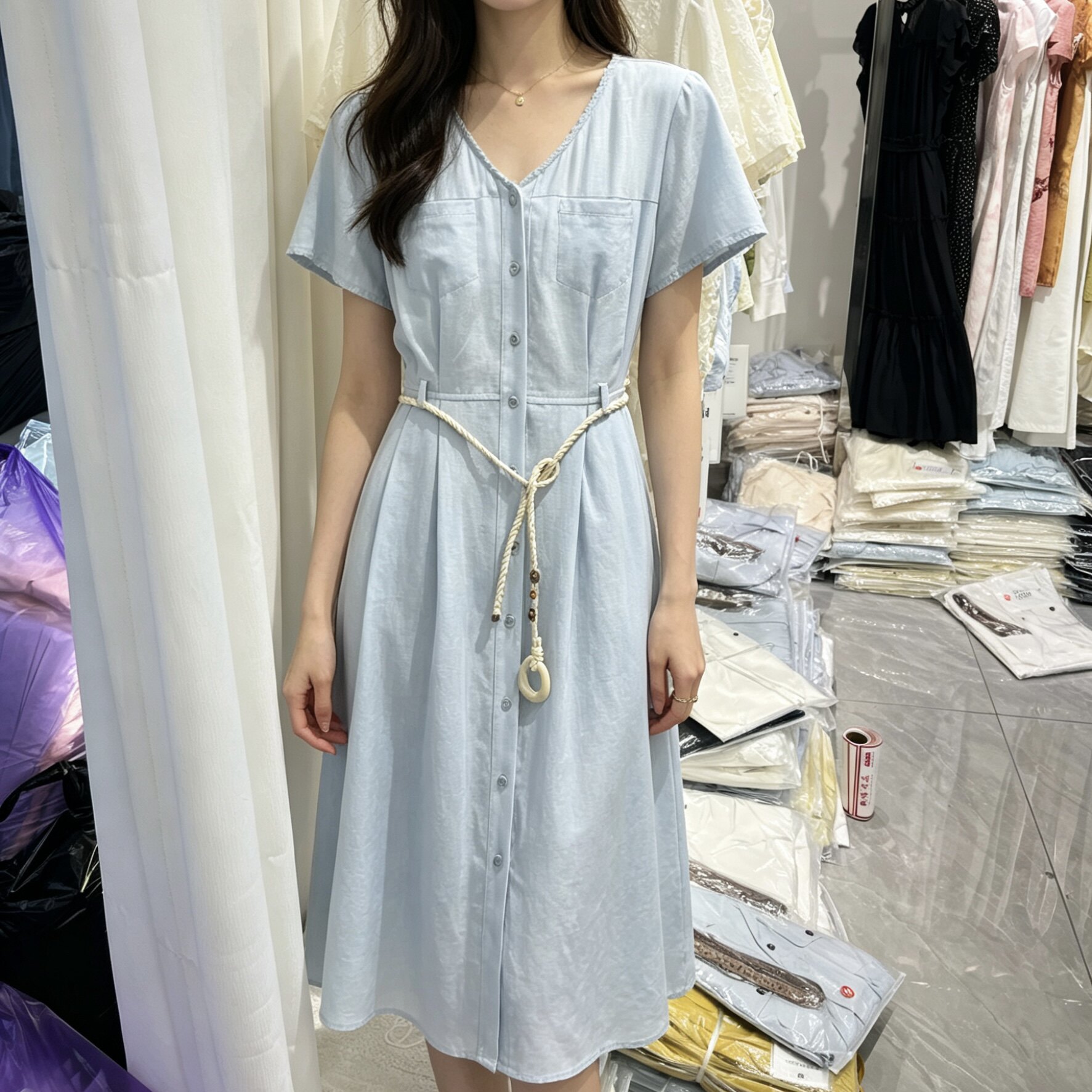 2026夏季新款法式V领坠感短袖衬衫连衣裙女收腰显瘦中长款裙子
