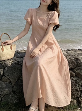 法式温柔风方领泡泡袖收腰a字连衣裙女夏季超好看漂亮掐腰长裙子