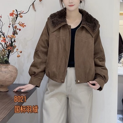 2025冬新款韩版羊羔毛娃娃领麂皮绒短外套女宽松保暖羽绒服上衣