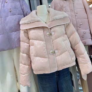 新中式国风提花水貂毛短款羽绒服女冬季新款小个子白鸭绒保暖外套