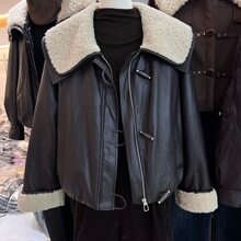2025冬季新款娃娃毛领PU皮夹克衫女宽松显瘦短款加绒加厚皮衣外套