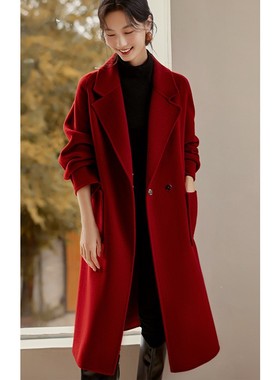 专柜正品高端简约大气显瘦复古酒红100%全羊毛中长款双面毛呢大衣