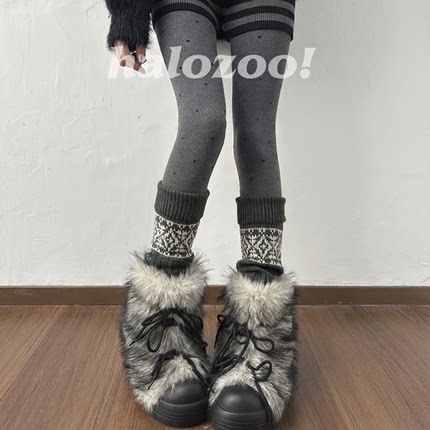 费尔岛袜套堆堆袜子女冬配雪地靴子加厚长筒袜长靴灰色小腿袜腿套