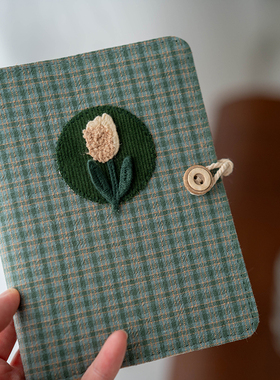 原创绿色格子文艺复古手账日记事本刺绣贴布A5A6活页线装随身本子
