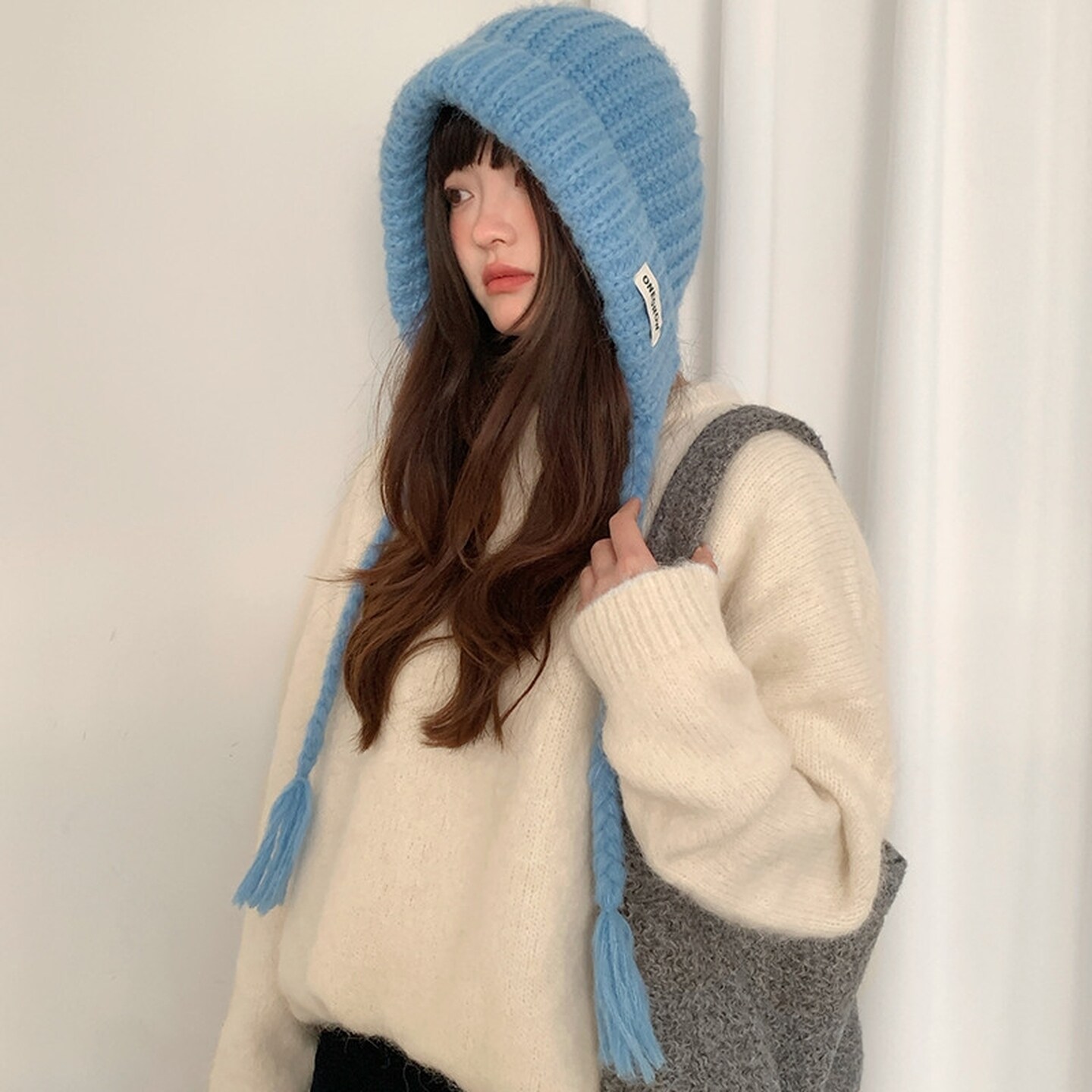 绑带蓝色护耳巴拉克拉法帽子女冬季秋冬天保暖针织毛线帽红显脸小