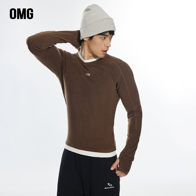 OMG运动 【假两件设计】加绒紧身衣长袖t恤男秋冬季打底衫健身服