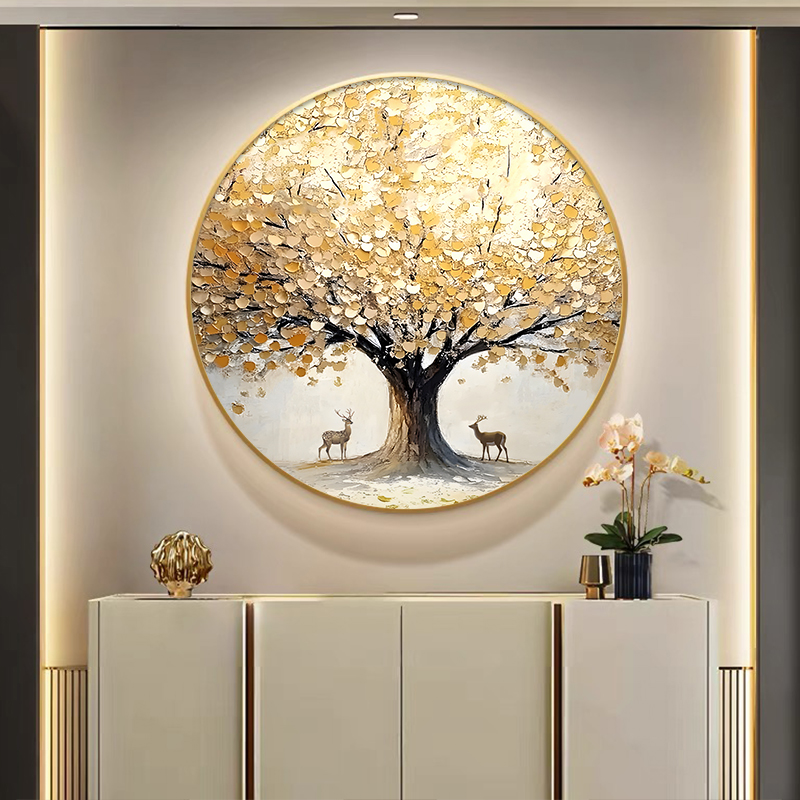 圆形金山手绘油画发财树入户玄关装饰画现代轻奢过道走廊大芬村画图片