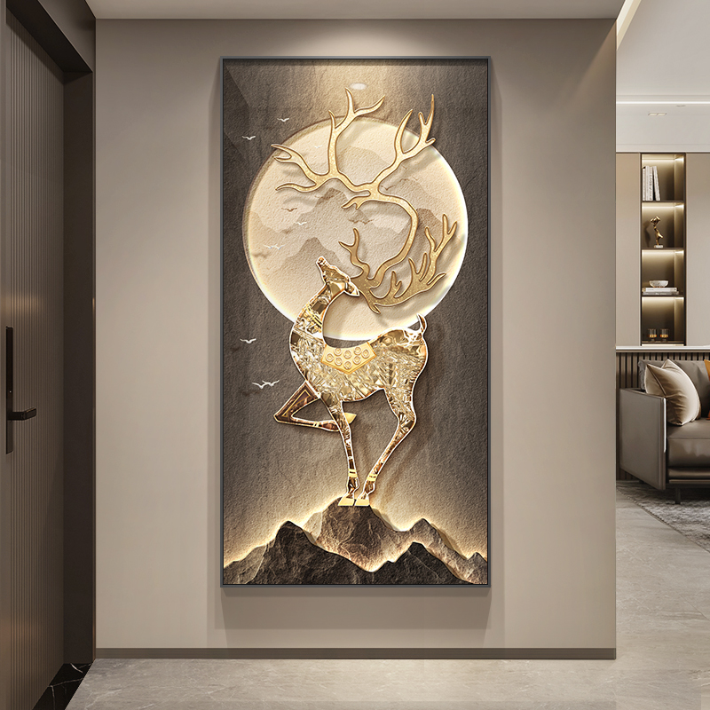 新中式玄关装饰画高级感麋鹿走廊过道挂画轻奢高档入户门发光壁画图片