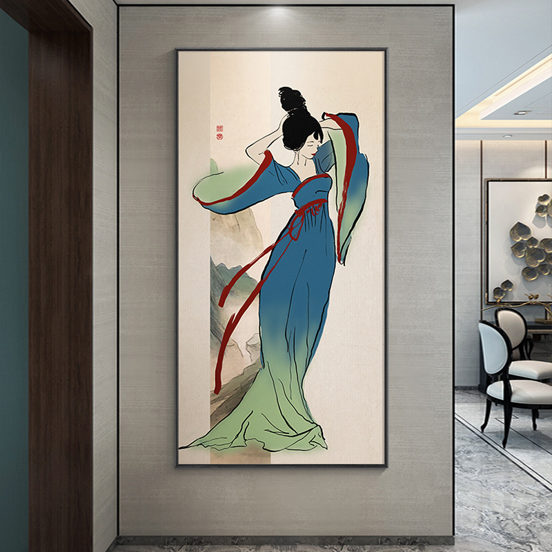 只此青绿玄关装饰画新中式走廊过道挂画国风仕女图茶室正对门壁画