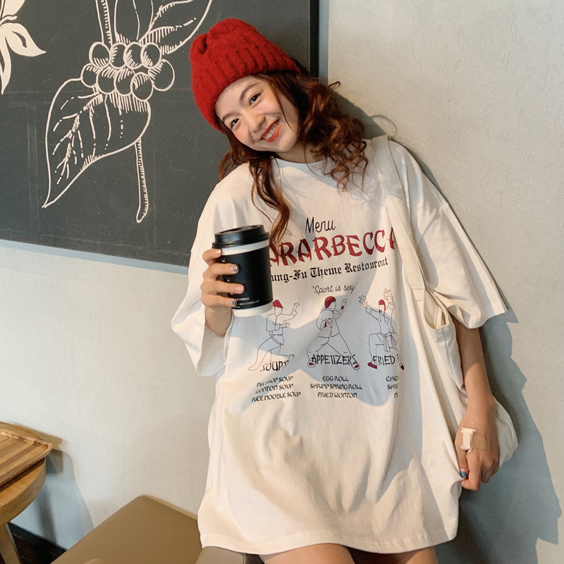 Real shot ~ cotton ~ summer new mid long loose large short sleeve T-shirt Korean version