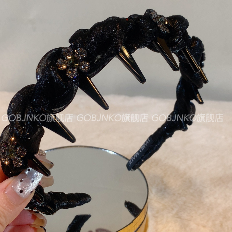 GOBJNKO高级感黑色水钻发箍女带齿防滑麻花波浪头箍高颅顶