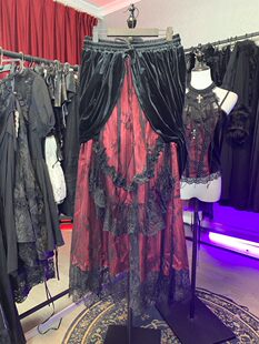 DARK IN LOVE哥特女装哥特黑红波浪丝绒蕾丝超长半裙 KW133RD