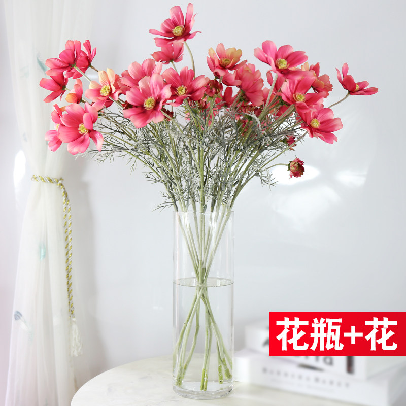 透明玻璃花瓶花艺带花套装格桑花仿真花束插花瓶假花客厅装饰摆件
