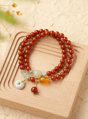 暖言同款红玛瑙玉髓手串女式双圈平安扣吊坠设计送女友精致手饰链