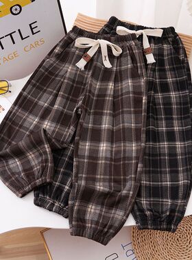 女童春秋装黑色格子休闲裤男童2024新款长裤儿童春季洋气宽松裤子