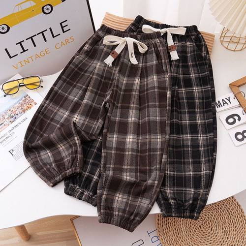 女童春秋装黑色格子休闲裤男童2024新款长裤儿童春季洋气宽松裤子