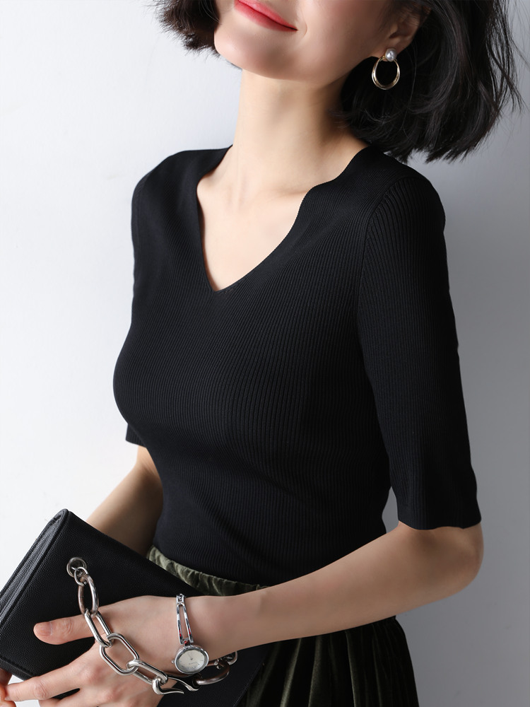 v领冰丝针织衫女短袖高级感上衣图片